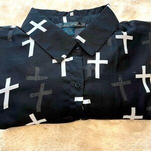 Women’s Lime Blue † Black Chiffon Cross Long Sleeve Sheer Blouse Size Large
